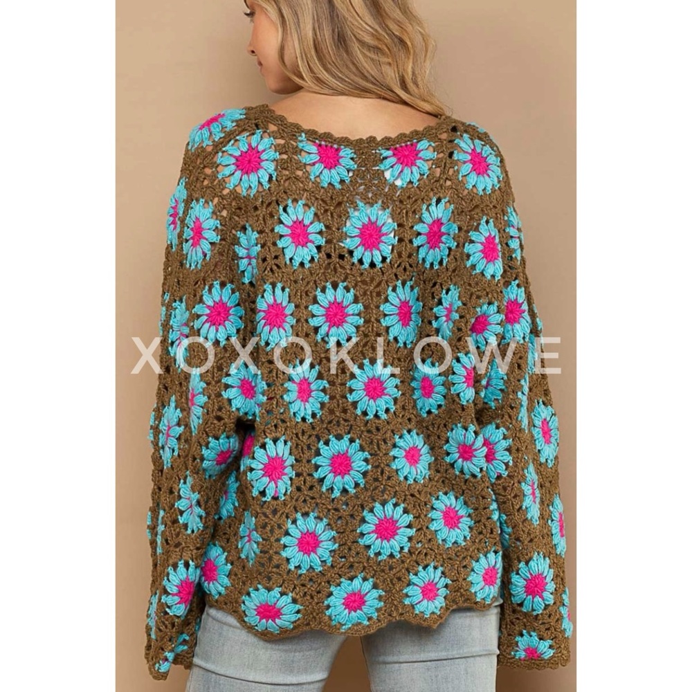 LAST ONE POL Olive + Blue Hand Knit Floral Crochet V Neck Sweater - Picture 11 of 15